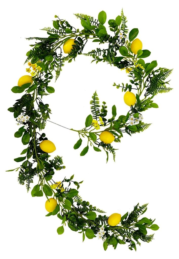 Künstliche Zitronengirlande mit Zitronenblüten und grünen Blättern, Frühlings- und Sommer-Dekoration für Kaminsims, Hochzeit, Party (77 Zoll)