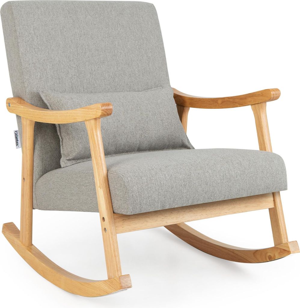 COSTWAY 78x66x83cm Schaukelstuhl aus Holz, Sessel, Gepolsterter Loungesessel mit Armlehnen, Rückenlehne & Sitzkissen, Schaukelsessel, Grau