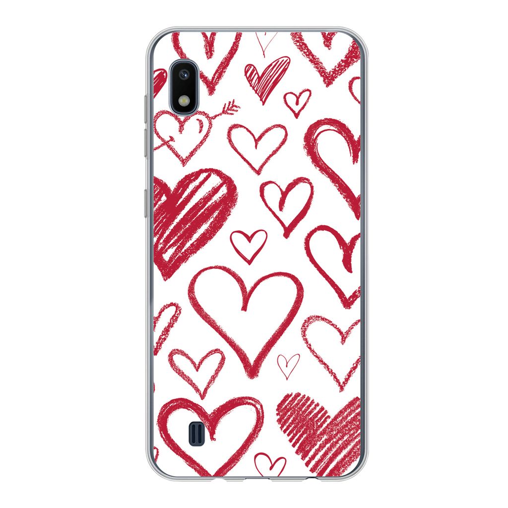 MuchoWow Handyhülle Schutzhülle Hülle für Samsung Galaxy A10 Eine Illustration mit mehreren Herzen auf weißem Hintergrund Silikon Softcase H...