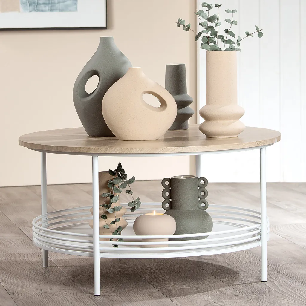 Petite Table Basse Ronde 75cm Gain de Place pour Salon Blanc et Naturel
