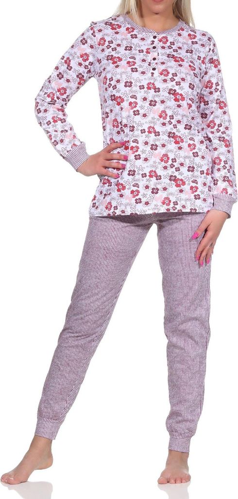 Damen langarm Schlafanzug mit Bündchen, Pyjama Hose in feiner Streifenoptik ; beere , 36/38