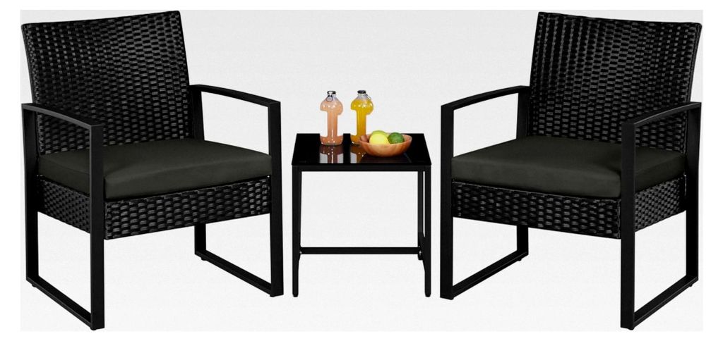 Polyrattan Sitzgruppe 3-teilig für Balkon und Terrasse, inkl. Sitzkissen und Glasplatte