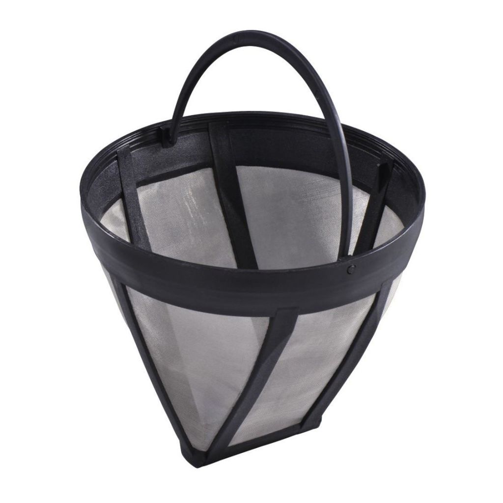 A reusable coffee filter basket with a black handle and frame, and a gray mesh filter.