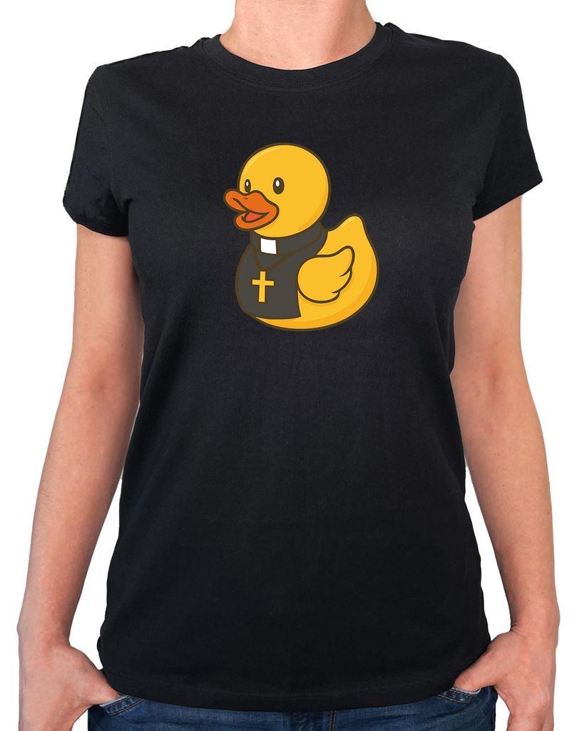 Huuraa Damen T-Shirt Quietscheente Pfarrer Comic Gummiente S Black Bio Baumwolle Fairtrade Damenshirt Geschenkidee