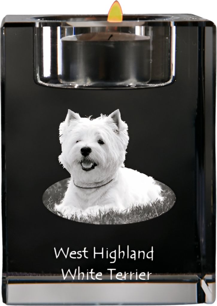 West Highland White Terrier, Weißer Hochlandterrier, Westie - Kerzenhalter mit Hundefoto, Teelichthalter aus Kristall, personalisiertes Geschenk d...