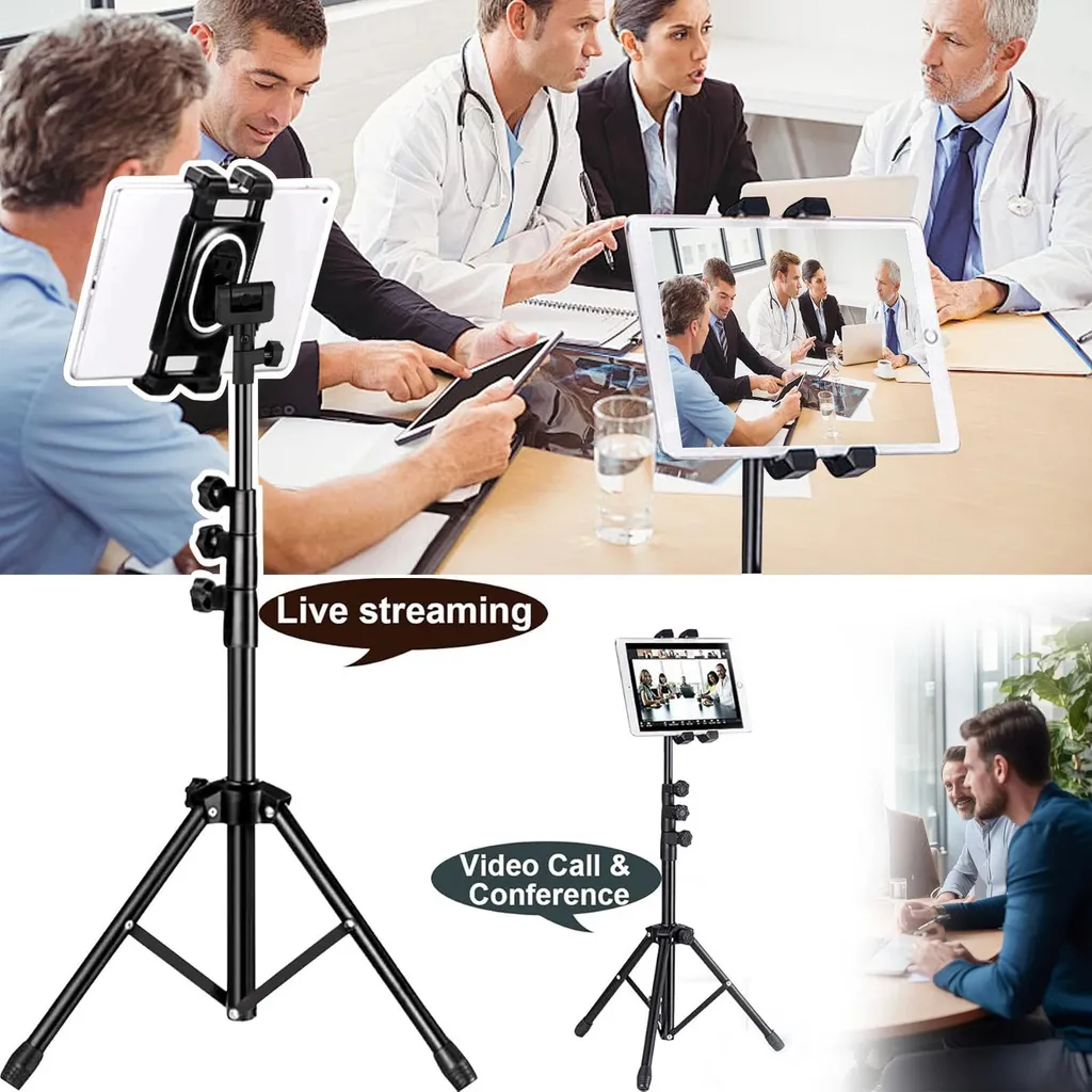 Supporto per tablet e smartphone - Treppiede da pavimento - Regolabile in altezza - Metallo - Per dispositivi da 20-33 cm - Verde oliva - 3
