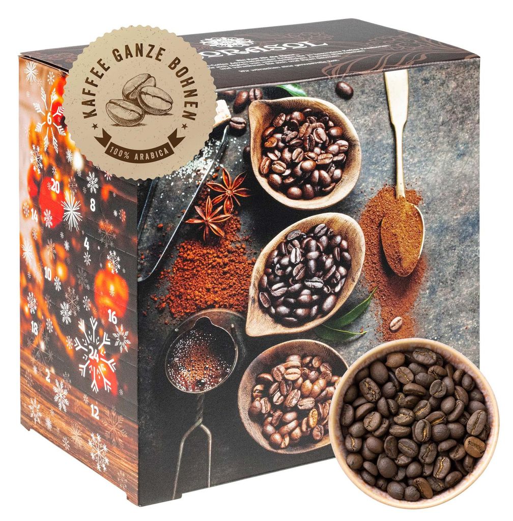 Corasol Premium Flavoured Coffee Kaffee-Adventskalender mit 24 aromatisierten Kaffee-Kreationen, ganze Bohnen für Genießer (240 g)