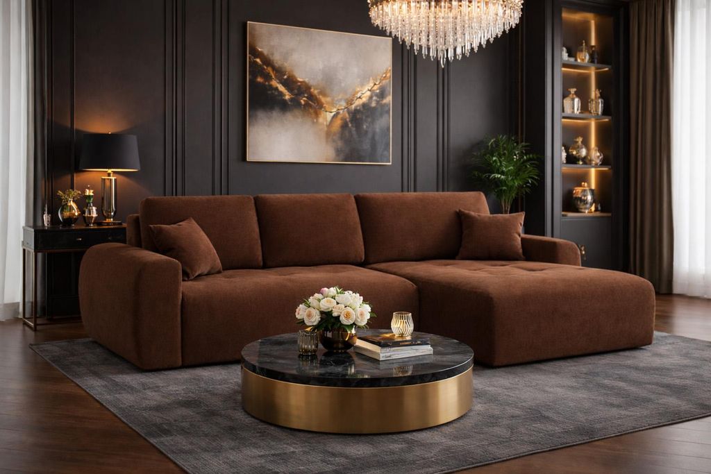 Kaiser Möbel Ecksofa mit Schlaffunktion und Bettkasten L-Form Ivo L, Veloursstoff Salvador, Dunkelbraun, Rechts