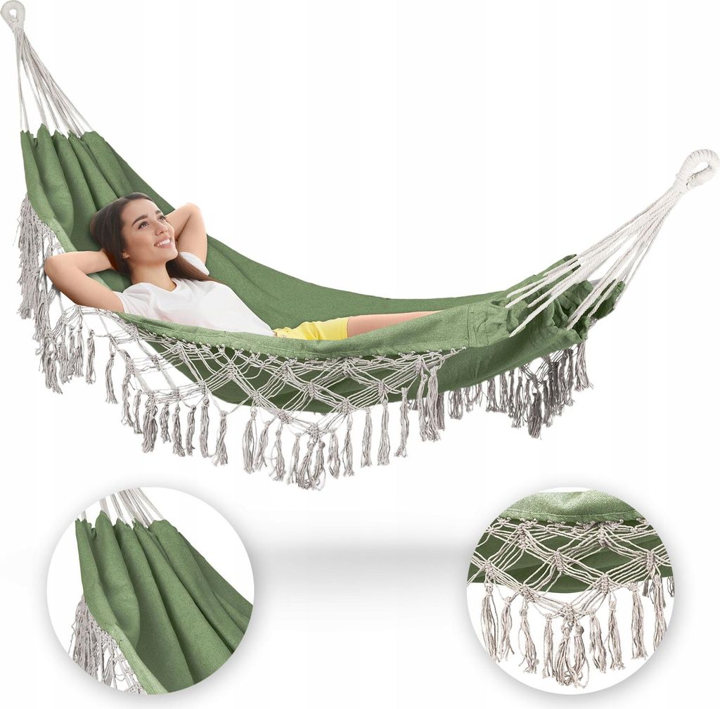 Outtec Hängematte - 200x150 cm, bis 200kg - Boho Baumwoll Hammock für Outdoor, Garten, Balkon - für Kinder und Erwachsene - Khaki