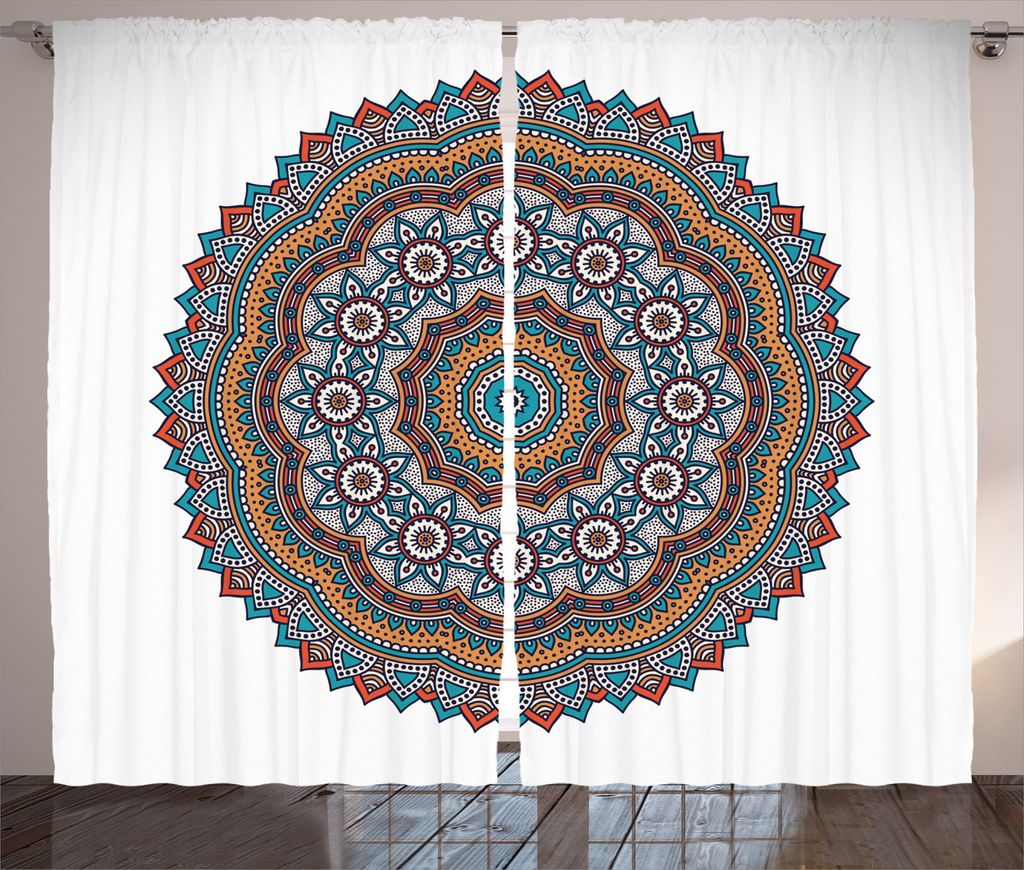 ABAKUHAUS Mandala Rustikaler Vorhang, Vintage Marokkanische Motiv, Wohnzimmer Universalband Gardinen mit Schlaufen und Haken, 280 x 245 cm, Mehrfarbig