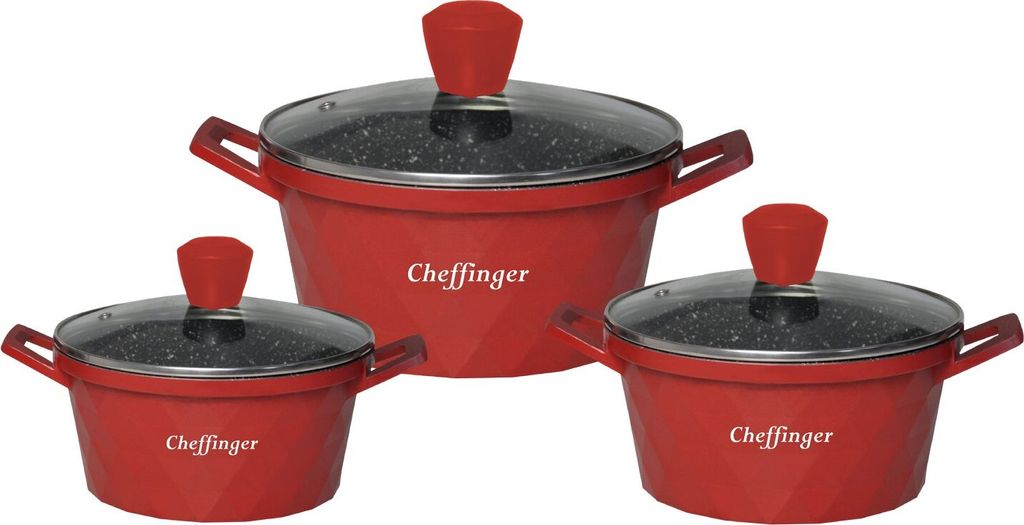Diamant Kochgeschirr 6 teilig Topf Induktion Alu Guss Kochtopfset Marmor Rot