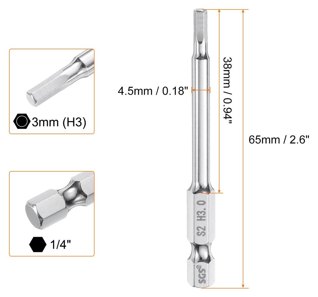 5 Stš¹ck 3mm(H3,0) Innensechskant Bit Set, Metrisch 65mm Lang 1/4" Sechskant-Schaft Magnetische S2 Stahl Schraubendreher Bits Sechskant Bohrer f...