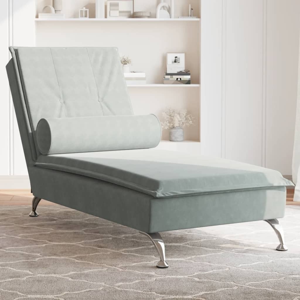 Möbel Massage-Chaiselongue mit Nackenrolle Hellgrau Samt - Recamieren 379450