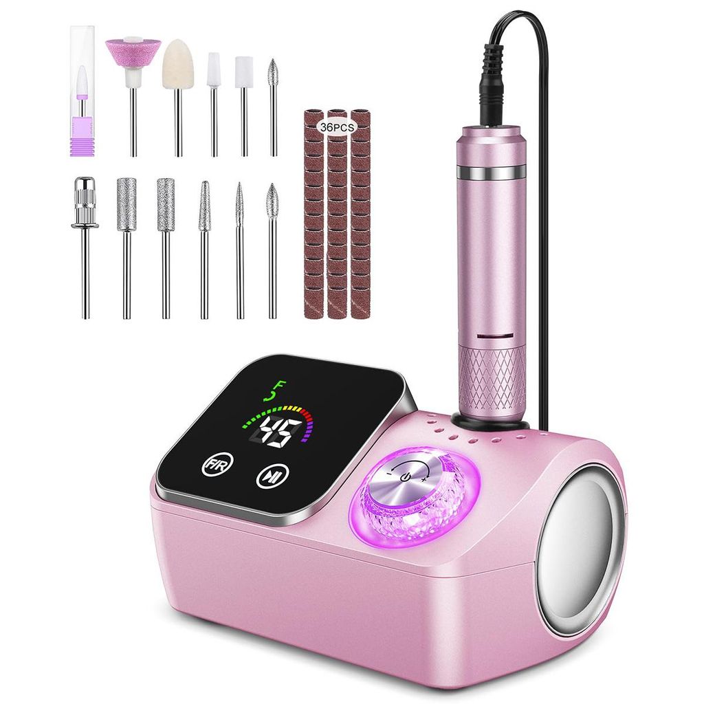 Professionelle Maniküre Bohrmaschine,45000RPM Elektrische Nagelfeilenmaschine mit LCD Touchscreen und 12 Aufsätzen,Nagelpolierer in Rosa