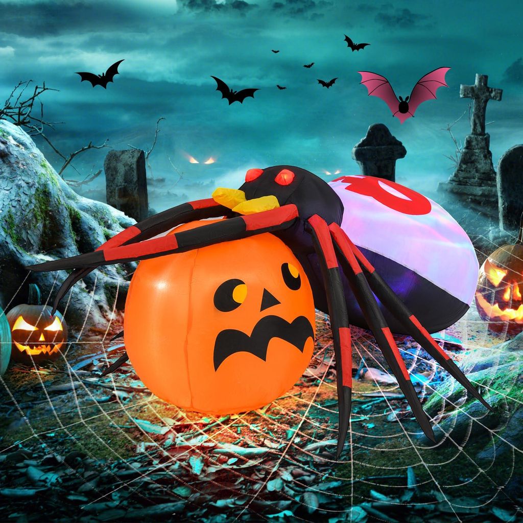 GOPLUS 150 cm aufblasbare Halloween Spinne, riesige gruselige Spinnen Deko mit Kürbis & Discolicht, Halloween Deko für Halloweenparty, Outdoor & ...
