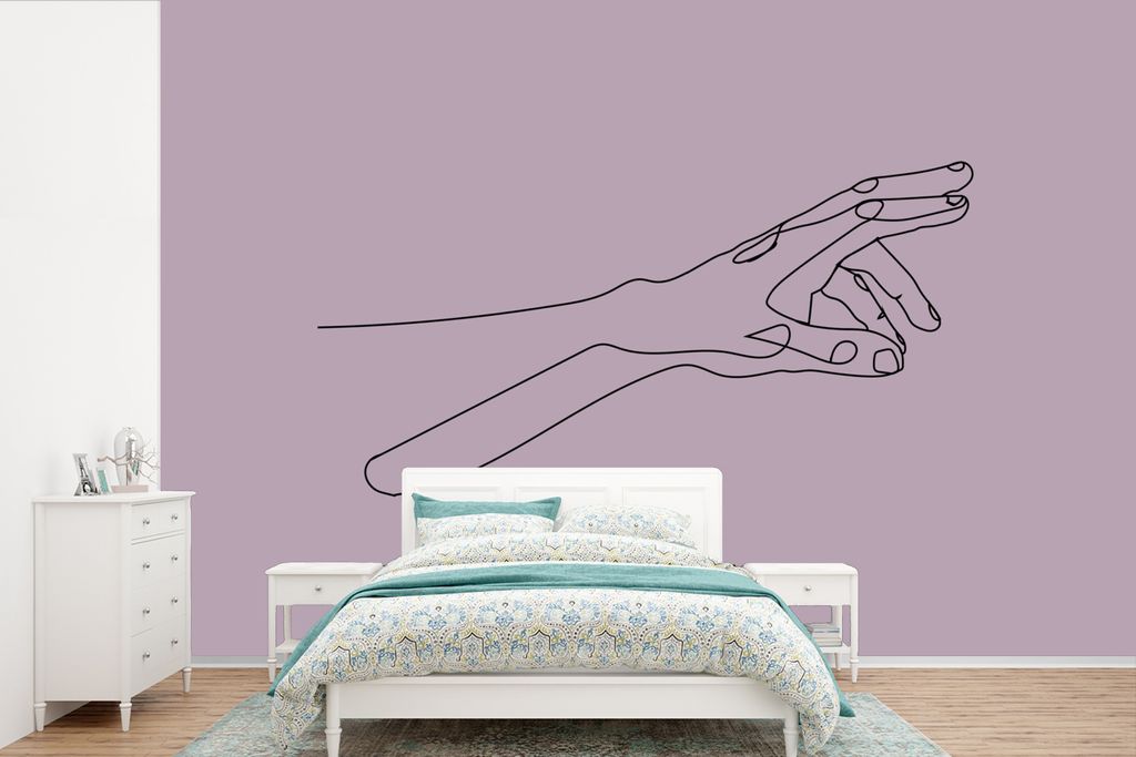 MuchoWow Fototapete für Wohnzimmer oder Schlafzimmer Wandtapete Vinyl Motivtapete Hand - Strichzeichnung - Lila - 360x240 cm - Vinyl-Tapete