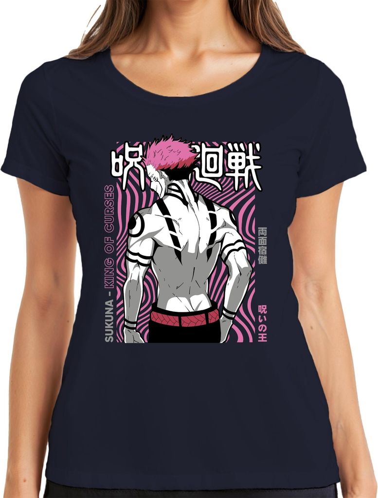 Sukuna Jujutsu Kaisen King of Curses Anime Ästhetik Villain Retro Damen T-Shirt, Navy, S