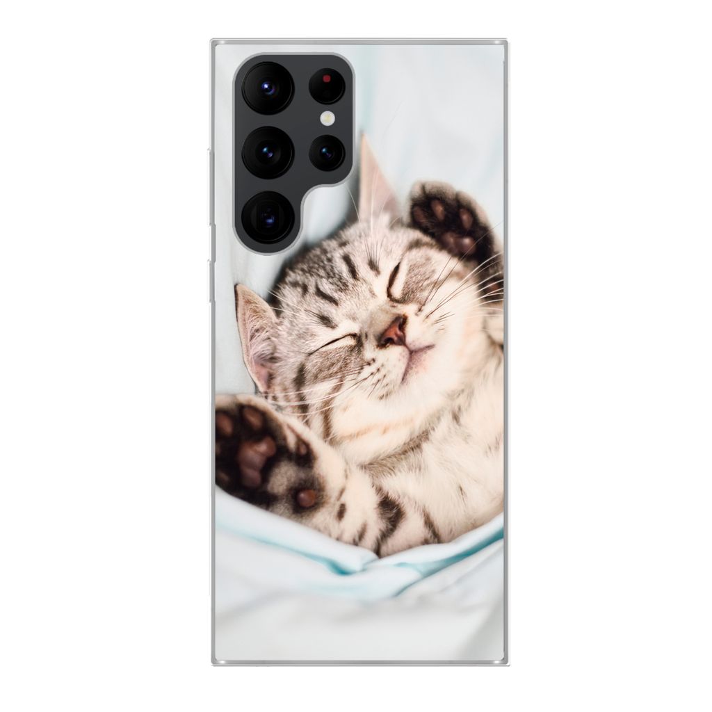 MuchoWow Handyhülle Schutzhülle Hülle für Samsung Galaxy S22 Ultra Kätzchen - Bett - Pfoten - Mädchen - Kinder - Kinder - Kind Silikon Soft...