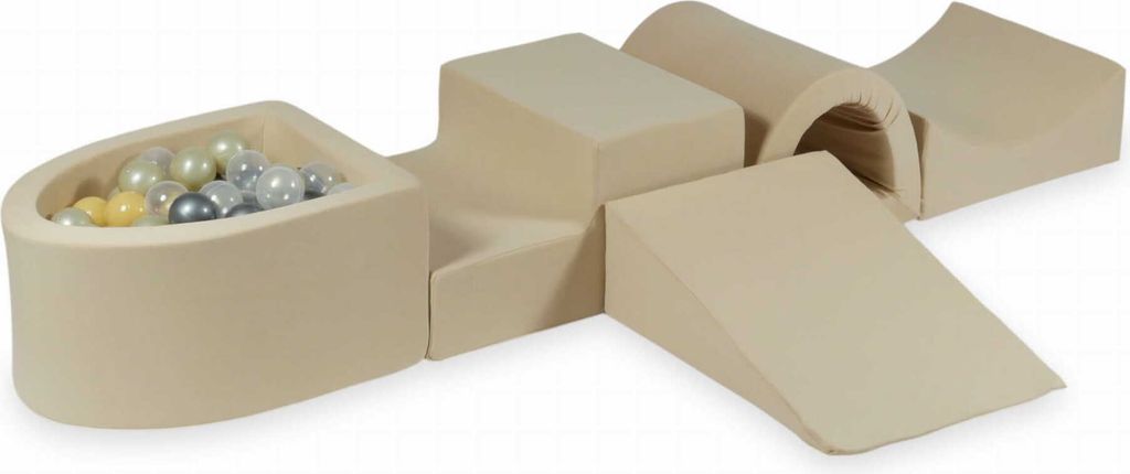 Schaumstoff-Spielset mit Brücke und Mikro-Bällepool – beige + 100 Bällebadbälle / transparent, Meerjungfraueneffekt, Hellgold, Silber, Beige