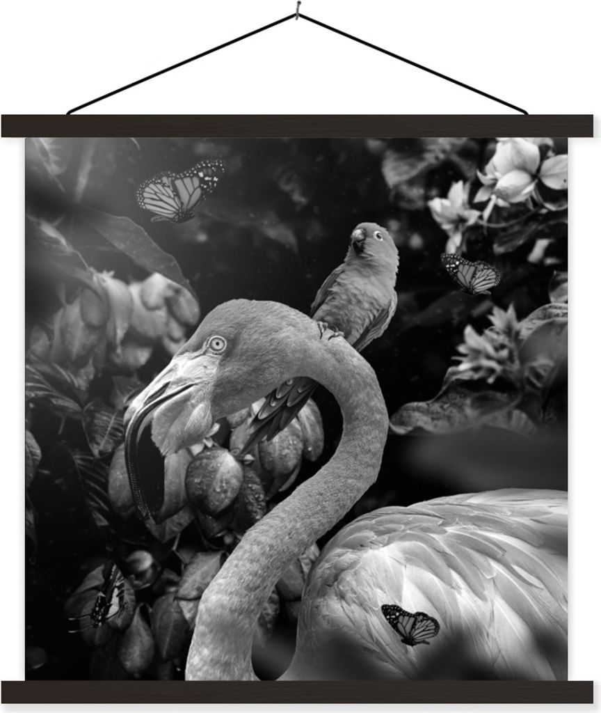 MuchoWow Textilposter Flamingo - Dschungel - Papagei - Schwarz - Weiß 60x60 cm mit schwarzem Rahmen - Posteraufhänger