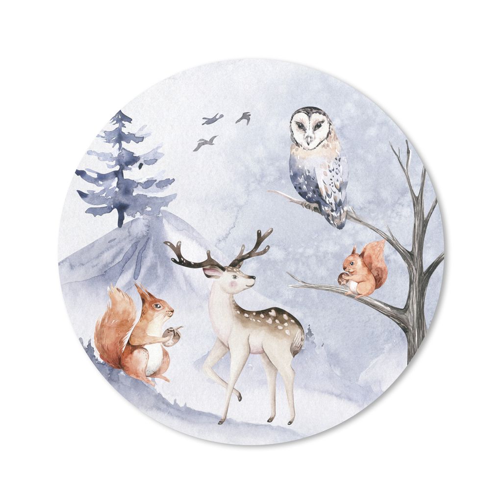 MuchoWow Mauspad Mousepad Winter - Hirsch - Eichhörnchen - Baum 50x50 cm - Mousepads - Maus Mat - Pad - Mausunterlage - Vinyl