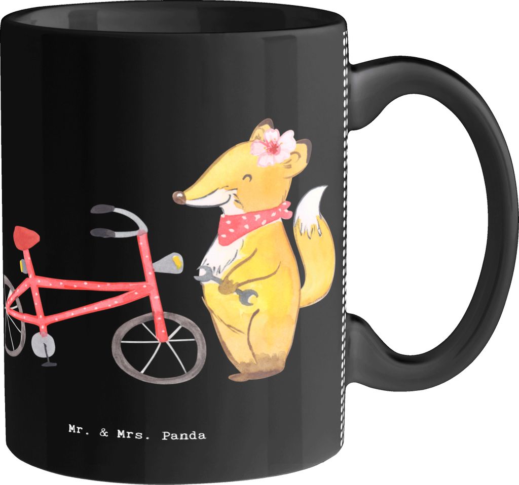 Mr. & Mrs. Panda Kaffeebecher Zweirad Mechanikerin Herz - Schwarz - Geschenk, Kaffeetasse, Tasse, Trinkbecher, Teetasse, schöne