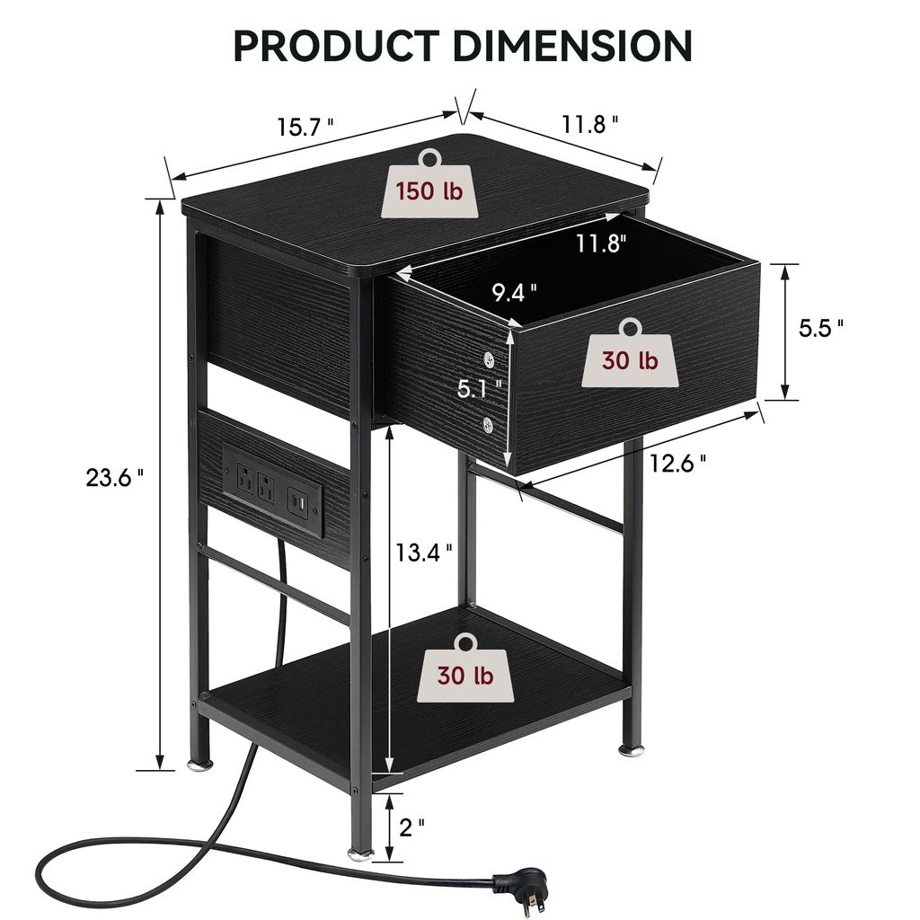 Nachttisch Mit Steckdose & LED | IRONCK Beistelltisch 2 Schubladen - USB-C & Steckdose Integriert