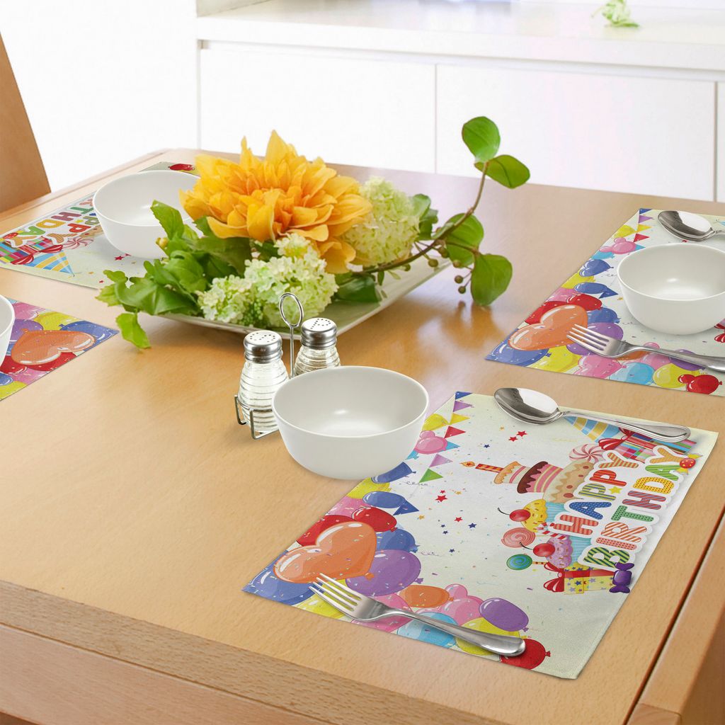 ABAKUHAUS Geburtstag Platzmatten, Heart Shaped Funny Balloons Cupcakes Süßigkeiten Geschenke und Partyhüte Anlass, Tiscjdeco aus Farbfesten Stof...