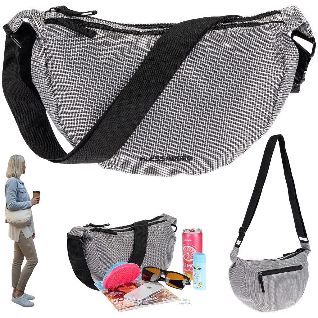Handtasche Schultertasche Damen Freizeittasche Mond Form Tasche Bag Moon Schlinge Schultergurt Alessandro Mila Crossbody 4291 Titan Grau + Etui