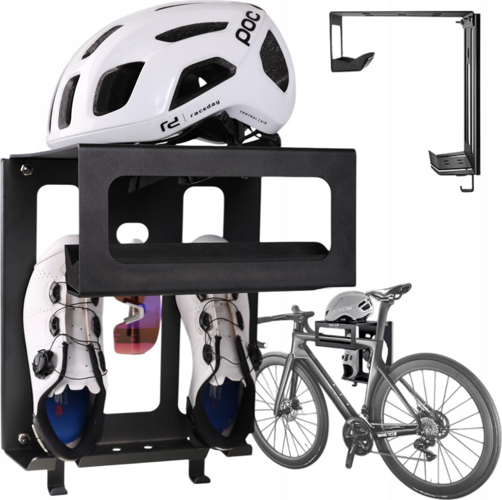 A bicycle helmet, cycling shoes, and a bicycle are displayed with a black metal storage rack.