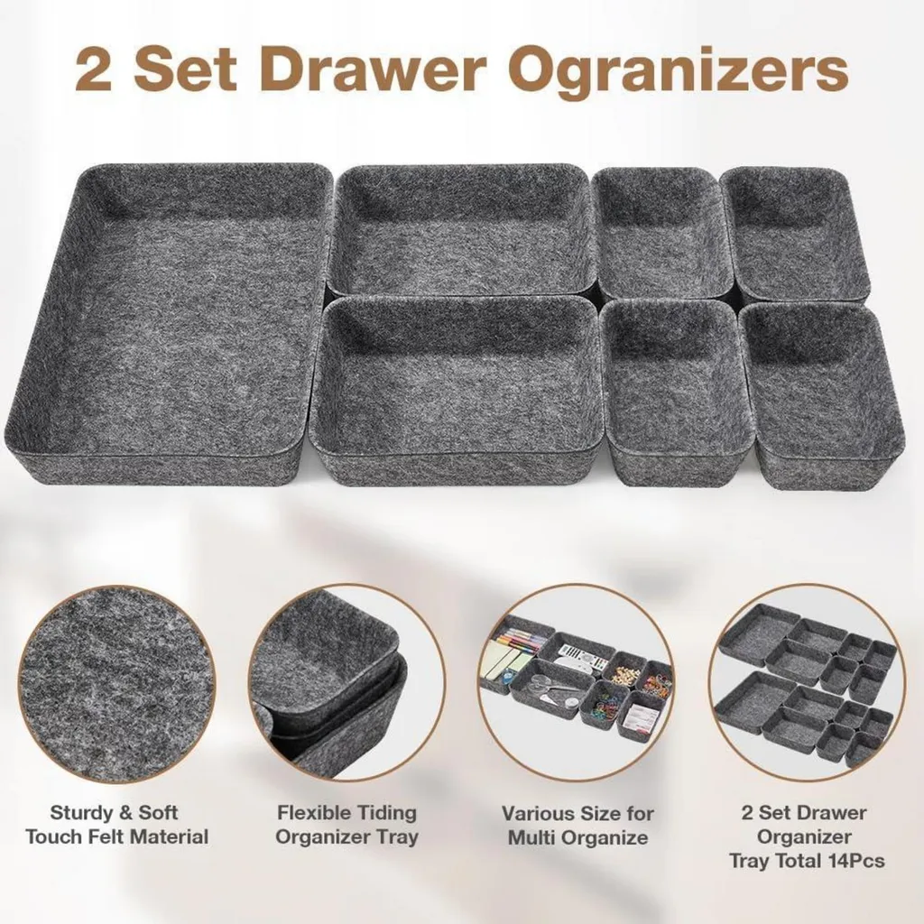 Insert de tiroir en feutre gris fonce lot de 14 compartiments
