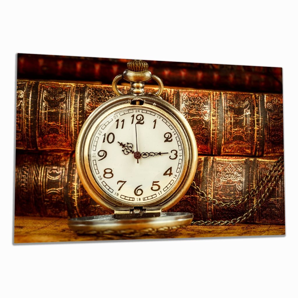 Wallario Herdabdeckplatte aus Glas, Größe 80 x 52 cm 1-teilig, Motiv Alte Taschenuhr vor antiken Büchern