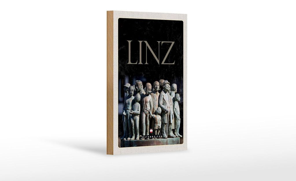 Holzschild Reise 12x18 cm Linz Österreich Skulptur Menschen