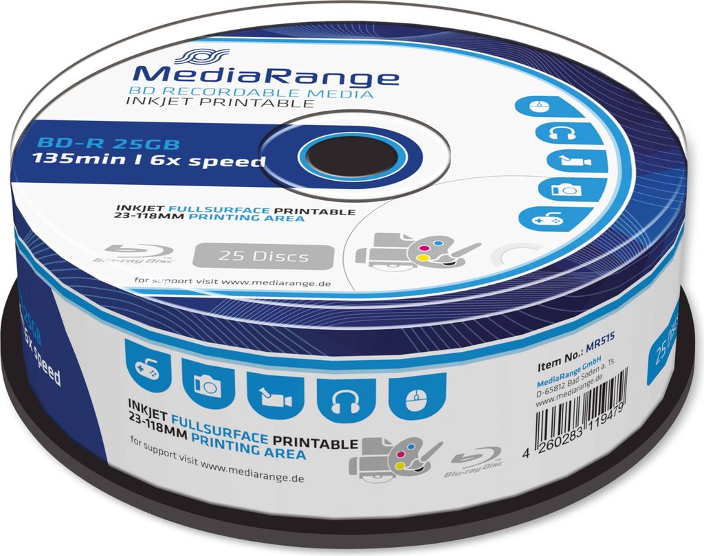 MediaRange BD-R 25 GB, Blu-ray-Rohlinge, (6-fach, 25 Stück) Produktbild 