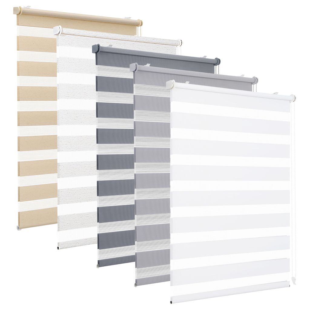 A collection of roller blinds in different colors.