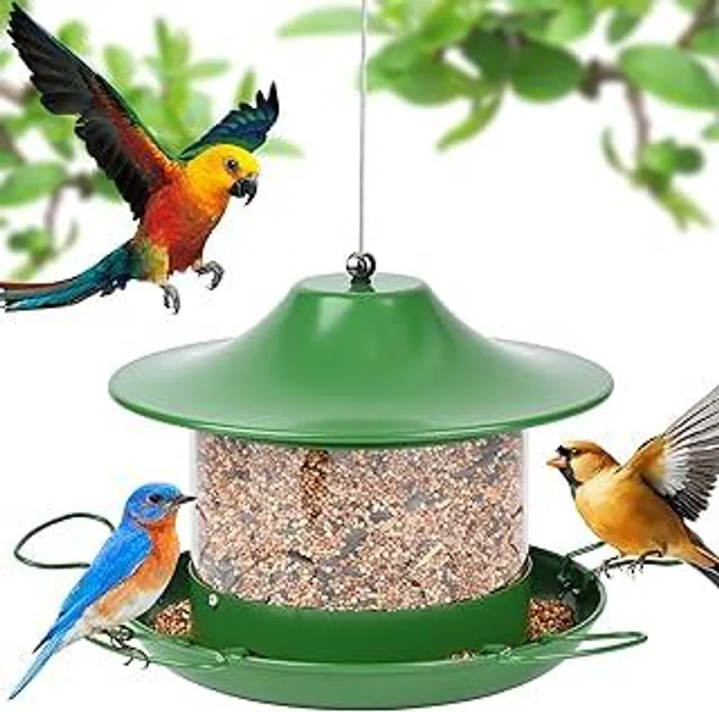 Mangiatoia per uccelli da appendere, distributore di mangime con supporto a 360°, stazione di alimentazione per uccelli, mangiatoia da 1,8 litri per uccelli, per casetta per uccelli da giardino e balcone, verde