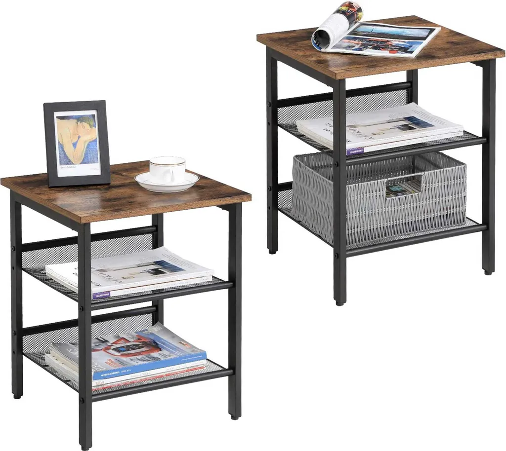 Lot de 2 tables d'appoint Brad 40x40 cm avec 2 étagères style rustique