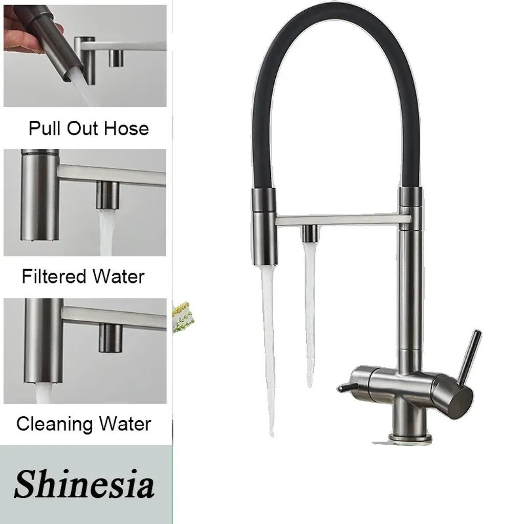 Rubinetto da cucina ad acqua filtrata, doppia maniglia, doccetta estraibile, grigio A