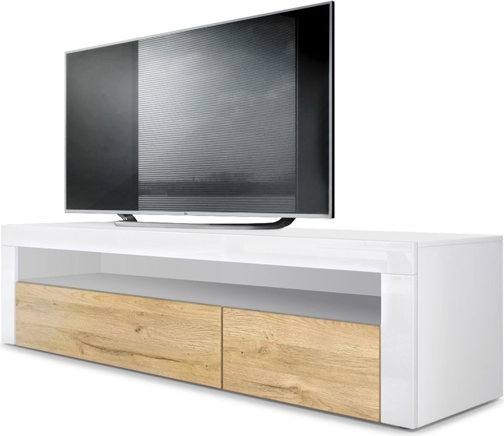 Vladon Lowboard Valencia, Germany, TV-Kommode mit 1 offenem Fach und 2 Klappen, Weiß matt/Eiche Natur/Weiß Hochglanz (155 x 46 x 40 cm)