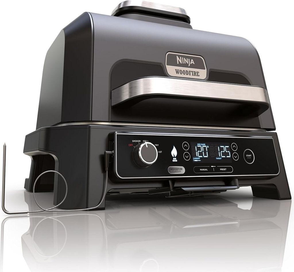 A studio shot of a black and silver Ninja Woodfire Pro XL electric grill.