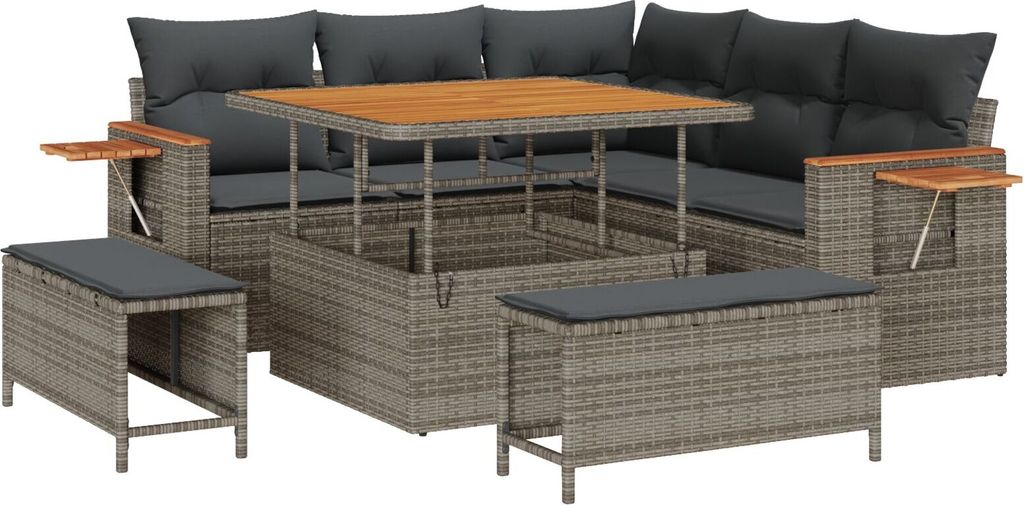 Langlebige 8-teiliges Garten Sofa Set mit Kissen Grau Poly Rattan Akazie, 3-teiliges Garten Essenset mit Kissen Grau Poly Rattan Akazie - Gartensof...