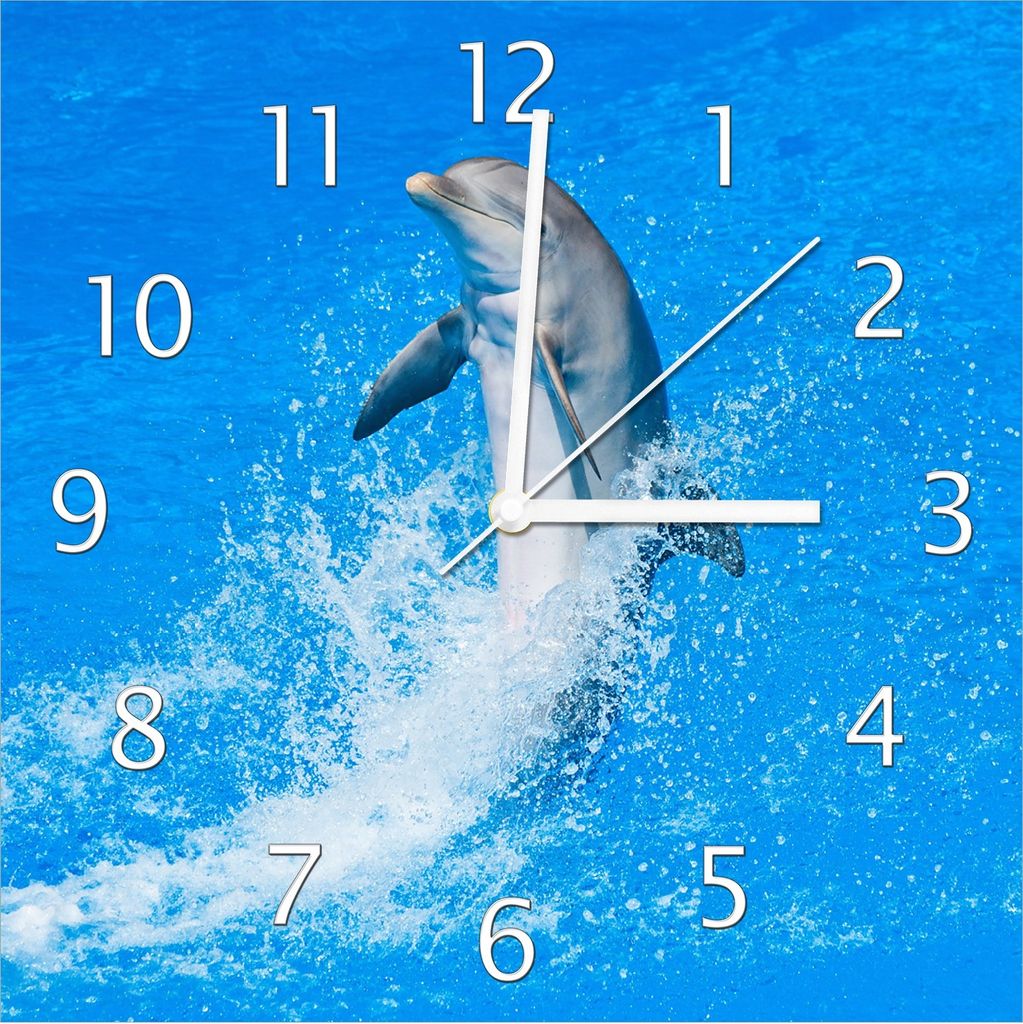 Wallario Design Wanduhr Fröhlicher Delfin im blauen Wasser aus Echtglas, Größe 30 x 30 cm