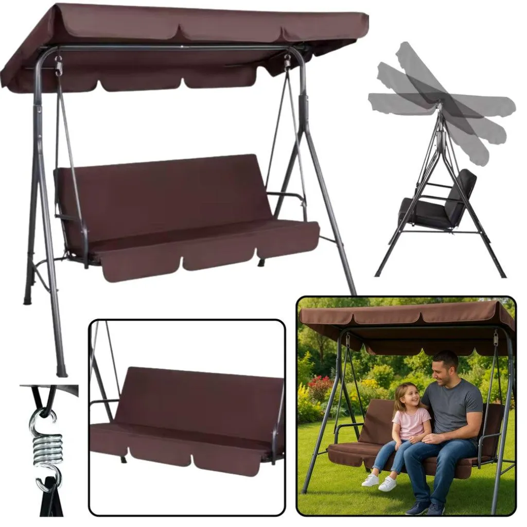 Balançoire de jardin 3 places avec matelas et coussin marron épais