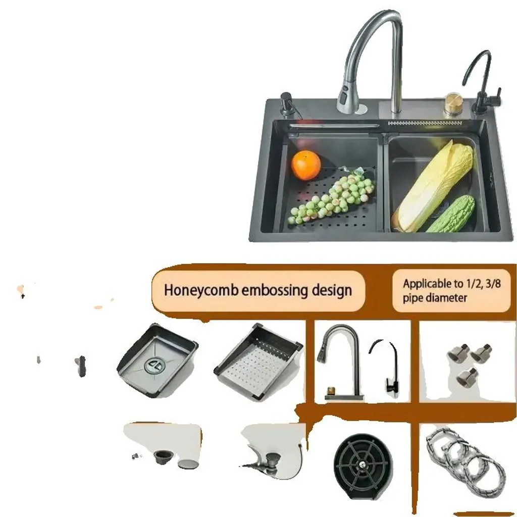 Évier cascade en inox 60x45 cm avec robinet mitigeur extractible pro