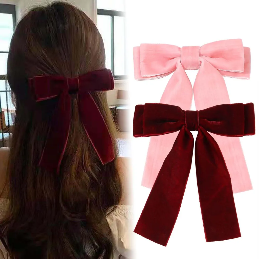 Barrette nœud en satin de velours rouge et rose pour femme lot de 2
