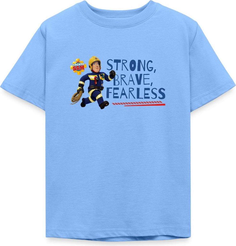 Spreadshirt Feuerwehrmann Sam Strong, Brave, Fearless Kinder T-Shirt, 110/116 (5-6 Jahre), Himmelblau