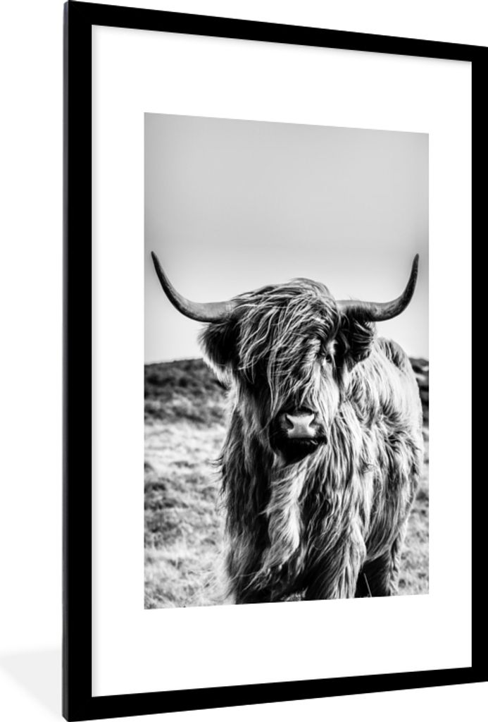 MuchoWow MuchoWow Gerahmtes Poster Scottish Hochlandrind - Schwarz - Weiß 60x90 cm - Poster mit zchwarzem Bilderrahmen - Dekoration - Wandpost...