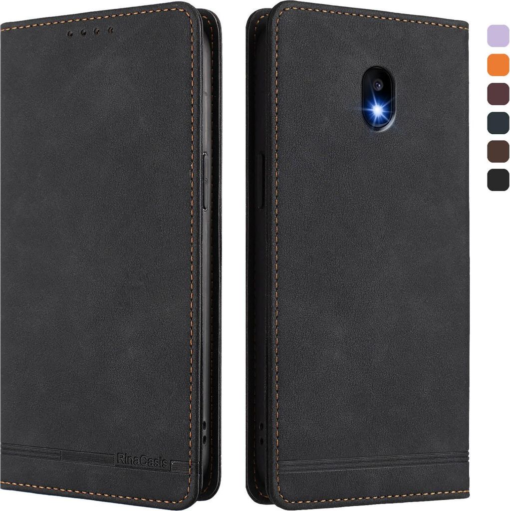 Hülle für Samsung Galaxy J7 2017, Retro Kunstleder Ständer Klapphülle mit Kartenfächer und Magnetische Schwarz