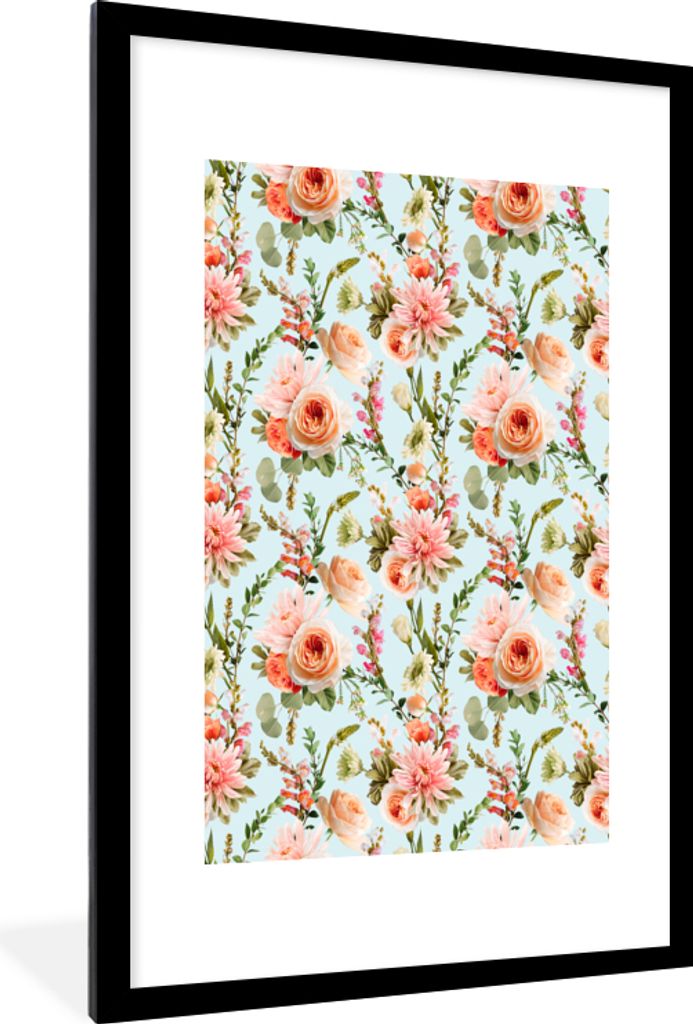 MuchoWow MuchoWow Gerahmtes Poster Blumen - Rosa - Rosen - Pastell 60x90 cm - Poster mit zchwarzem Bilderrahmen - Dekoration - Wandposter Wohnz...