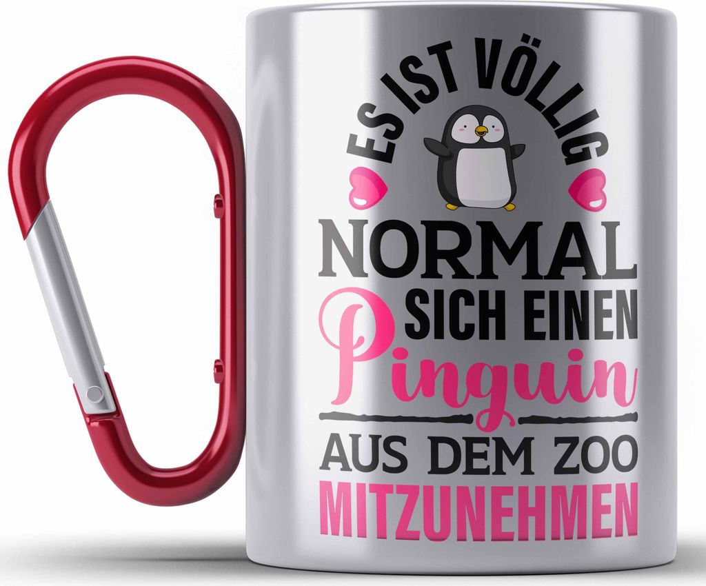 Trendation - Pinguin Geschenk Edelstahl Tasse Karabiner Kinder Liebe Spruch Kollegin Freundin Karabiner Edelstahl Tasse Karabiner Edelstahl Pinguin...